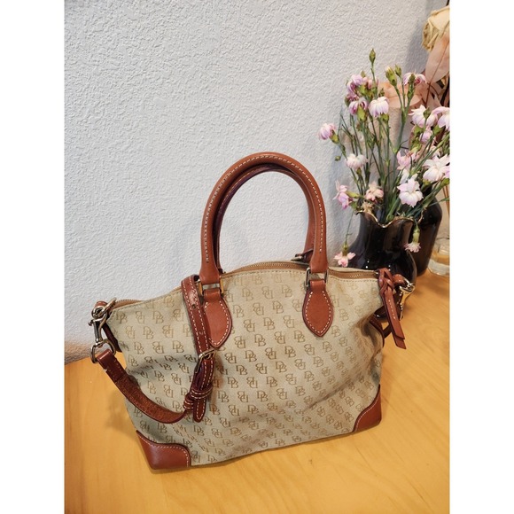 Dooney & Bourke Vintage Monogram Canvas Satchel Bag Tan Brown‎ Leather - Picture 1 of 14